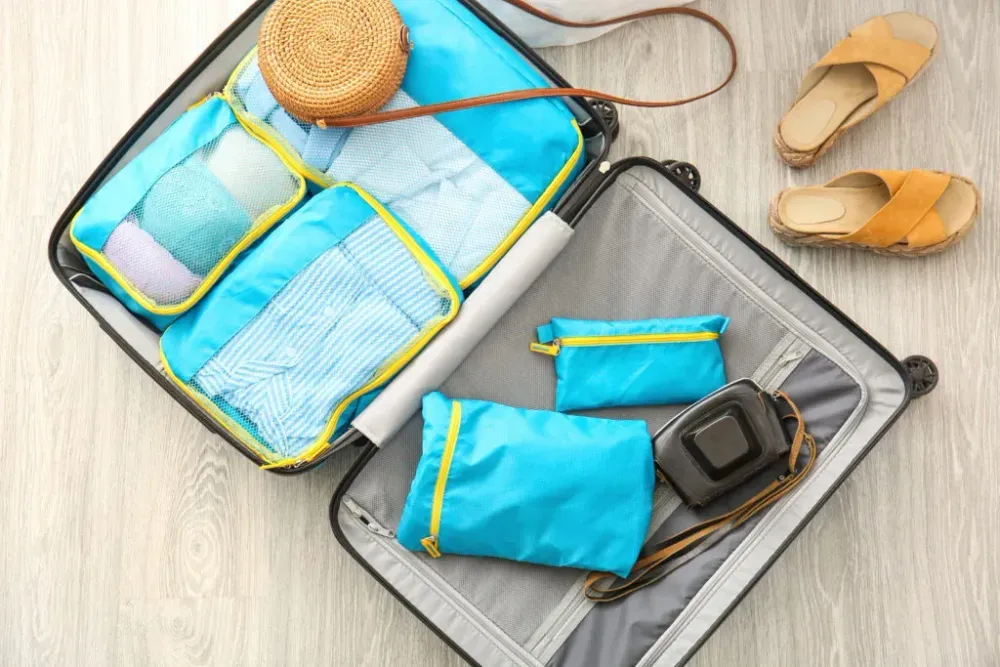Aerial view of an open packed suitcase